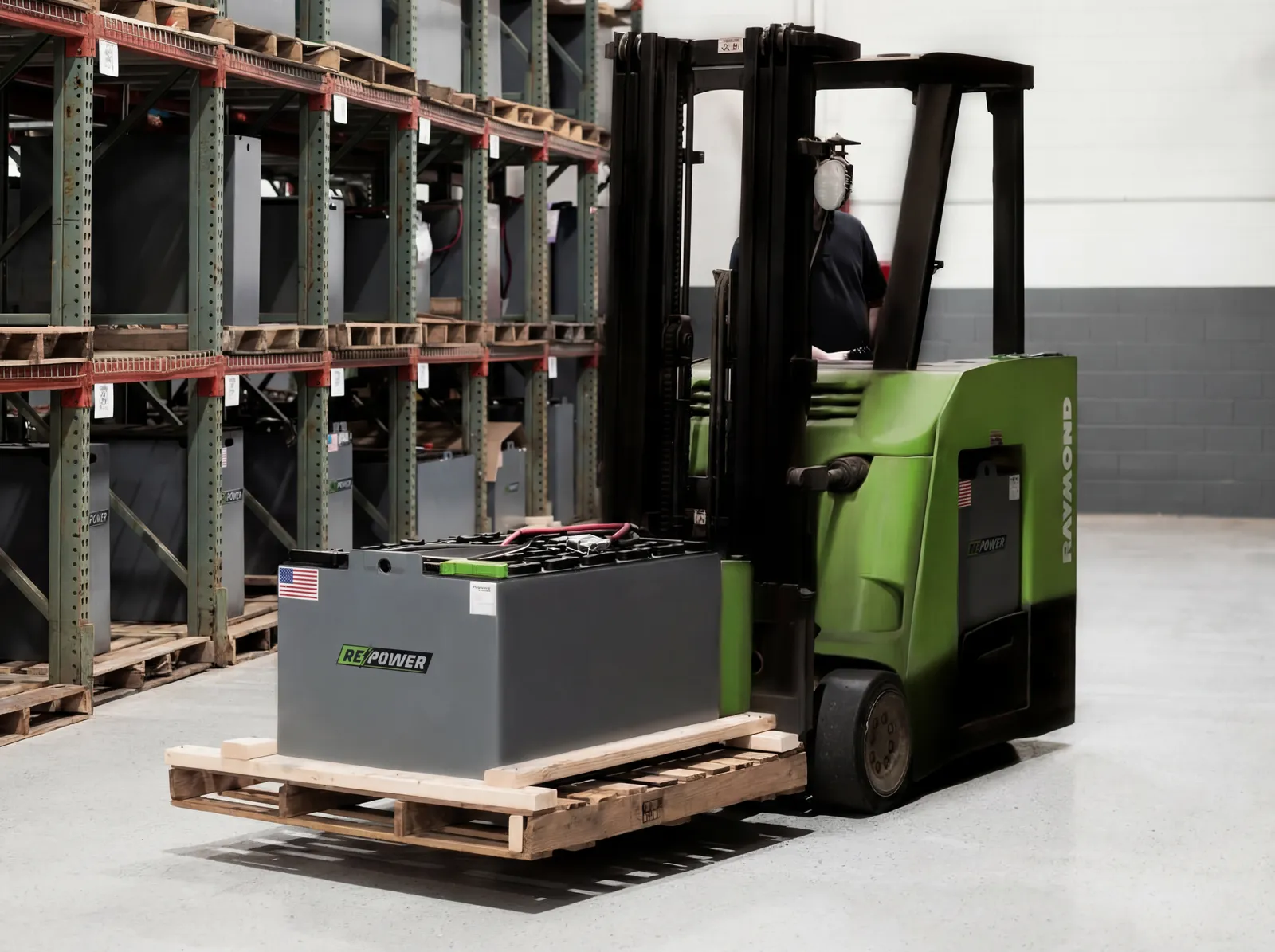 RePower refurbished forklift battery loaded on a Raymond lift truck at our Troy, Michigan facility